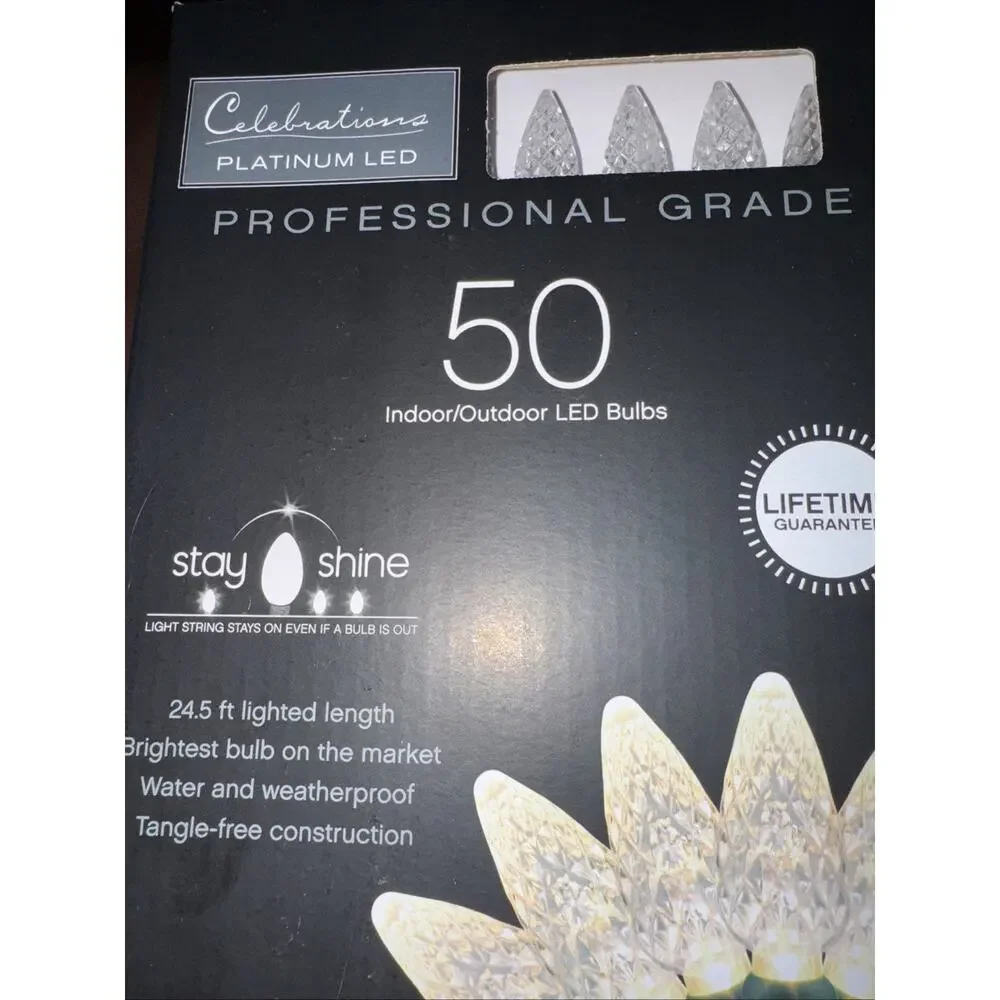 Celebrations Platinum LED C6 LIGHTS 50CT Warm White Christmas Wedding New NIB
